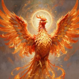 ultra realist breathtaking detailed soft painting of fantasy phoenix, long fire wings and a halo of light around its head, christian saint in the middle of a stained glass of flames, intricate golden art nouveau frame, by Anato Finnstark, Alphonse Mucha, trending on artstation