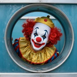 clown peeking head out of tank barrel