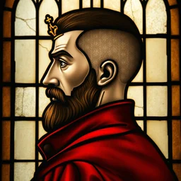 side - view portrait of a stern man, buzzcut, stubble, simple golden crown, red coat, 1 2 th century stained glass window, very masterful, royal, backlit