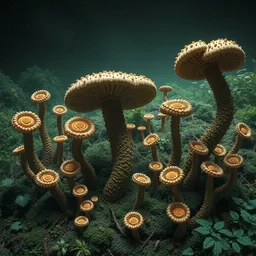 strange alien fungal forest with spiral plants