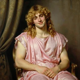 beautiful portrait painting of the sun god Apollo with long curly blond hair, voluptuous young man wearing a wispy pink silk dress smiling sleepily at the viewer, symmetrically parted curtain bangs, in love by J.C Leyendecker and Norman Rockwell
