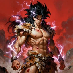 Muscular savage woman, wild spiky black Saiyan hair, electrified hair, animal skin pelt, pelt, human-skin pelt, ragged torn caveman pelt, cavewoman, prehistoric fantasy, primeval fantasy, electricity aura, battle scars across body, red sky, battle-scarred, bloody, drawn by Frank Frazetta, pulp art, hyper-detailed
