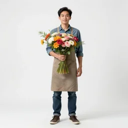 battle-worn florist holding a bouquet, photorealistic portrait photography, full body, standing, isolated on a pure white background, centered, whole figure in frame, sharp focus, studio lighting