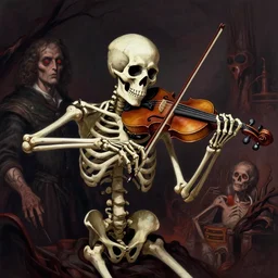 a skeleton playing the violin in the hell, art by greg manchess, sorolla, rene magritte, detailed digital art, artstation hd