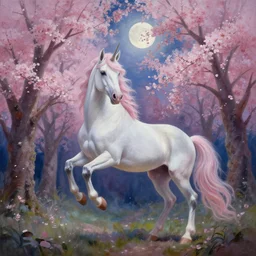 a beautiful painting of a unicorn in a cherry blossom forest, volumetric lighting, moonlit by greg rutkowski and kalin popov, trending on artstation, masterpiece,
