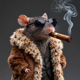 an anthropomorphic rat, artstation, digital art, 3 d, studio lighting, post processing, smoking a big cigar, wearing sunglasses, wearing a fur coat