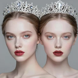 pale skinned beautiful women wearing crystal crown light pale cheeks and dusty red and brown lips