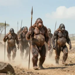 a group of / homo erectus / walking with spears