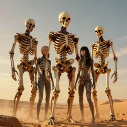 Giant Skeletal Androids embrace in the desert, highly detailed, half skull face, cinematic, 8k, by Stanley Artgermm, Tom Bagshaw, Greg Rutkowski, Carne Griffiths, Ayami Kojima, Beksinski, Giger, trending on DeviantArt, hyper detailed, horror, vibrant, golden hour