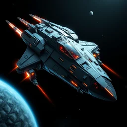 a super cool spaceship equipped for battle and hyperspace, digital asset on black background