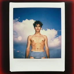 weathered old analog polaroid portrait photograph of a beautiful young man wearing a vintage striped bathing suit, summer, azure sky, big clouds visible, lensflare, sunlight, glare, depth of field, bokeh, filmgrain, red color bleed