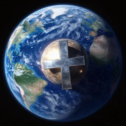 a small planet sized metallic cross symbol cruising through our solarsystem towards earth