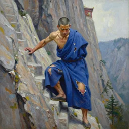 ripped physique portrait of the astute monk blue robe climbing the treacherous mountain stairway to the monastery jamie wyeth james gilleard edward hopper greg rutkowski acrylic painting