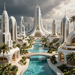futuristic utopian metropolis in paradise, canals, bridges, white marble buildings, tropical, palm trees, by jaime jasso and leon tukker, photography, cinematic lighting, octane render, artstation