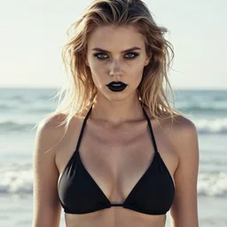 modeling photograph bikini kerli koiv, blonde, beautiful, dark, mysterious, bubble goth, detailed symmetrical face, dramatic beach lighting high exposure