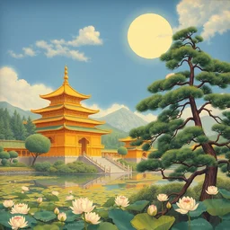 a painting by hiroshi nagai of magnificent golden chinese palaces, lotus garden, pine tree. hq scan.