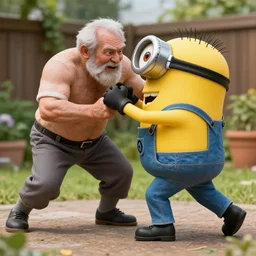 a minion fighting an old man, backyard wrestling, intricate complexity, extremely detailed, very sharp,