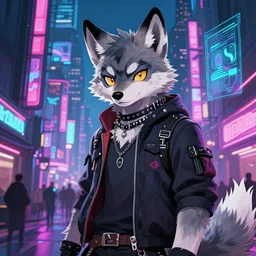 beautiful furry digital art portrait commission of an androgynous furry anthro wolf fursona wearing punk clothes in the streets of a cyberpunk city. neon signs, detailed background, futuristic adverts, holographics. character design by zaush, rick griffin, tessgarman, angiewolf, rube, miles df, fa, furraffinity
