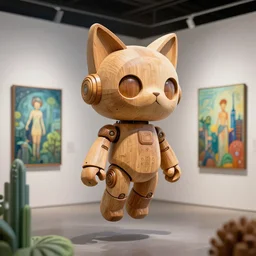 3 d octane render ultra photorealistic 8 k hyper detailed, a very very cute wooden statue robot of the roman cat ears cyberpunk flying in the space intergalactic city vegetal in a contemporary art gallery in neo tokyo artwork by mucha