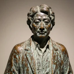 close up shot of an old bronze patina statue of takeshi kitano in a museum