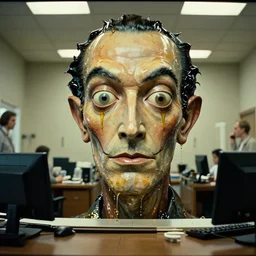 the strange giant creature head in the office, made of oil and water, film still from the movie directed by Denis Villeneuve with art direction by Salvador Dalí