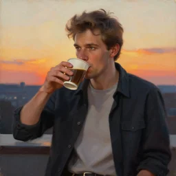 attractive man drinking coffee, sunset, painting by vladimir volegov, ross tran, tom of finland, trending on artstation
