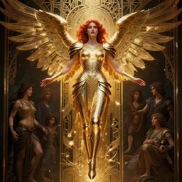 ascending dark full body redhead goddess angel, Lupe Fuentes, intricate armor, highly detailed, glowing, action pose, cinematic, Art Deco, gold filigree, ethereal, alfonso mucha, zdzisław beksiński, Andrei ryabovichev, Shaun tan, Chriss foss, Peter mohrbacher, 4k