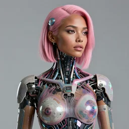 portrait of a beautiful tan woman with pink hair as a cyberpunk cyborg half robot, revealing wires and electronics, hooked - up, sci - fi, missing panels, intricate abstract upper body intricate artwork, concept art, octane render, deviantart, cinematic, key art, hyperrealism, iridescent accents, portrait photograph, nikon 3 5 mm, photograph by greg rutkowski