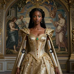 beautiful young cyborg queen, beautiful ebony skin, piercing glowing eyes, elegant, striking composition, ornate royal gown, highly detailed ornate sci fi background, mural in the style of sandro botticelli, caravaggio, albrecth durer, 8k