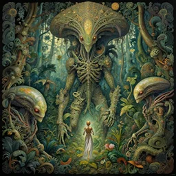 epic alien jungle by zdzisław beksinski, greg rutkowski and alphonse mucha. highly detailed, hyper - real, very beautiful, intricate fractal details, very complex, opulent, epic, mysterious, trending on deviantart and artstation