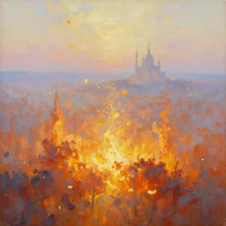 breathtaking oil painting of a fiery landscape aerial view, palette knife, at dawn with strokes of light and golden petals flying, soft colors, art nouveau cathedral in the distance, rembrandt style, concept art, matte, by georgia hart,