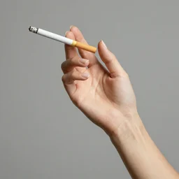 you can see in the picture, acurate, real, elegant female hand, holding a cigarette with her fingers, elegant up to the elbow, only five fingers, separated, elegant, neat nails, fotorealism, advertisement for a crossover salon, style by Maurits Cornelis Escher, 8k,