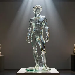 a statue of a beautiful young fit man made of transparent glass, on a pedestal, front view, full figure, smiling face, curly hairs, by philippe starck and victoria hagan, cinematic lighting, sunrays from above, detailed digital photography by rutkovski and beksinski, masterpiece, gorgeous, 4 k