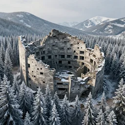 a colossal mid - century modern ancient ruin hidden in the northern forest hills, snow - capped trees, mountain backdrop, volumetric lighting, epic scene, hd octane render, insanely detailed, hyper - realistic