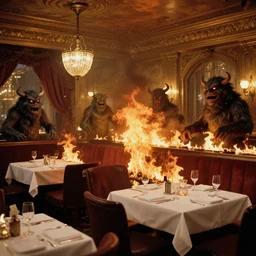 the interior of a luxury restaurant that is burning while odd monsters appear in the background, 1 9 0 0 s photograph
