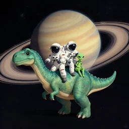 Astronauts and green aliens are riding some dinosaurs on saturn's ring and saturn is as background, by Jordan Grimmer digital art, trending on Artstation,