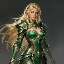 A blonde emerald warrior, beautiful and realistic face, sexy gaze, fantasy illustration, full body, in the style of Fernando Juarez, epic, fantasy, intricate, elegant, amazing detail, digital painting, artstation, concept art, smooth, sharp focus, illustration