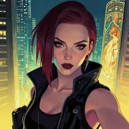 cyberpunk woman in a metropolis ~ high detail ~ crisp shading ~ in the style of greg rutkowski and alphonse mucha and andree wallin, artstation ~ selfie