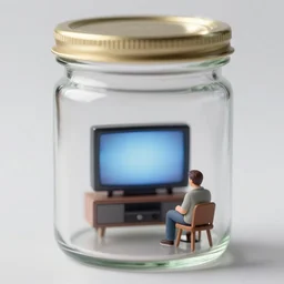 a tiny realistic proportioned watching tv inside a glass jar. sharp focus, photography, unreal engine, trending on artstation, photorealistic, octane, trending on deviantart, unreal engine