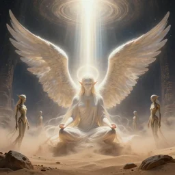 elven angel meditating in space, halo, light shafts, wisps, sandstorm, light diffusion, godly, ascending, by moebius, digital art, beautiful, sacred, holy, surreal, fantasy art, oasis, by durer, durer, fairies, surreal alien kingdom, ancient civilization, alien language, space civlization, dmt entity, machine elf, machine elves