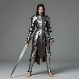 full body portrait of a barefoot vampire swordswoman wearing heavy plate armor, real human feet, barefoot, two - handed sword, lithe, athletic, beautiful, enchanting, elegant, detailed, anatomically accurate, reasonable fantasy, good lighting, in the style of guweiz, z. w. gu on artstation, 4 k.