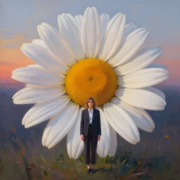 giant daisy flower head, standing frontal, a girl in a suit, surreal photography, sunrise, dramatic light, impressionist painting, digital painting, artstation, simon stalenhag