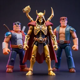 hyperrealistic rendering, skeletor by art of skinner and richard corben and jeff easley, product photography, action figure, sofubi, studio lighting, colored gels