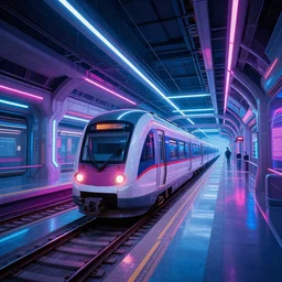 space train station, futuristic, neon colours, highly saturated, high def, 8 k, hd, highly detailed,