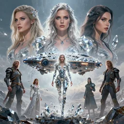 concept art, a beautiful highly detailed lady cover in crystals with big spaceship in the center, realistic shaded lighting poster by ilya kuvshinov, magali villeneuve, artgerm, jeremy lipkin and michael garmash and rob rey
