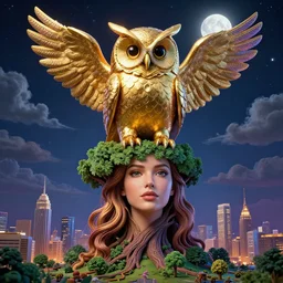 elaborate, giant, massive, detailed, 3 d colourful gold owl, on the head of a woman, in a 3 d tree, dark, night sky with stars, clouds and glowing moon, cinematic, 3 d designed city, 4 k by'eva cremers'and'lesley barnes'and'jordan coelho'