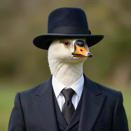gentleman goose bird in hat and suit and tie, rich, noble, 33 years old, lucky, beautiful, portrait photography, hd, hdr, 4k avatar, ultra detailed