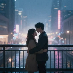 hugging the love of your life in the rain at night in a modern chinese city on a bridge, volumetric lighting, realistic illustration, perfectly shaded, soft painting, dreamlike fog, neon signs, moody lighting, artstation, backlight, bokeh, silhouette