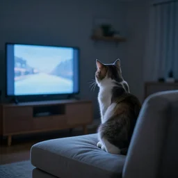 cat sitting on sofa watching TV in night by Paul aka The Rusted Pixel