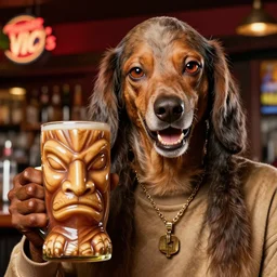 a closeup photorealistic photograph of happy snoop dogg at trader vic's bar holding a trader vic's tiki mug that features the face of snoop dogg. brightly lit scene. this 4 k hd image is trending on artstation, featured on behance, well - rendered, extra crisp, features intricate detail, epic composition and the style of unreal engine.